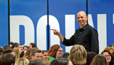 Ted Wiese speaks to the student body at Ohio Hi-Point Career Center.