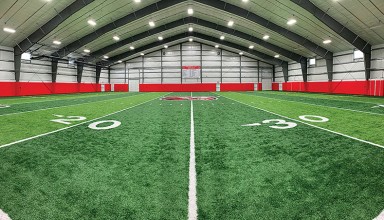 A panoramic view of the 50-yard artificial turf field in the Kenton Athletic Fieldhouse